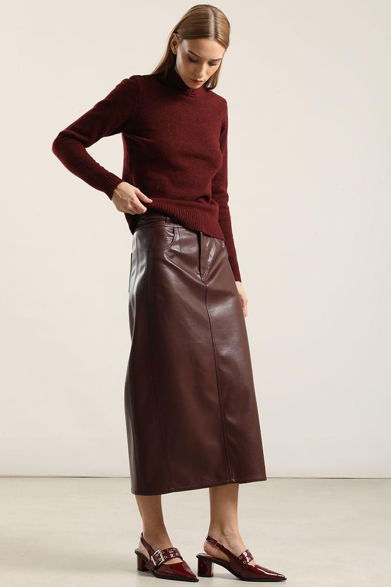 Falda Midi, Efecto Cuero, Burdeo Liola-4