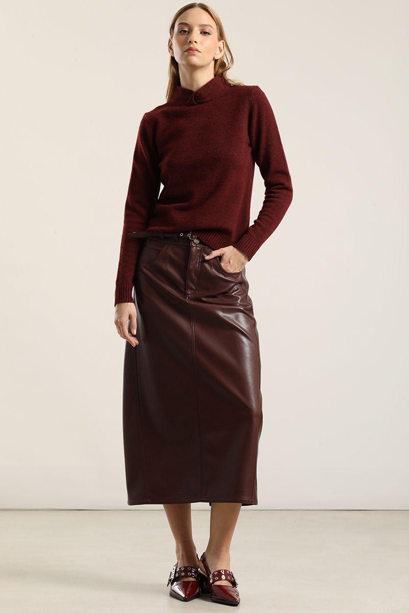 Falda Midi, Efecto Cuero, Burdeo Liola-5