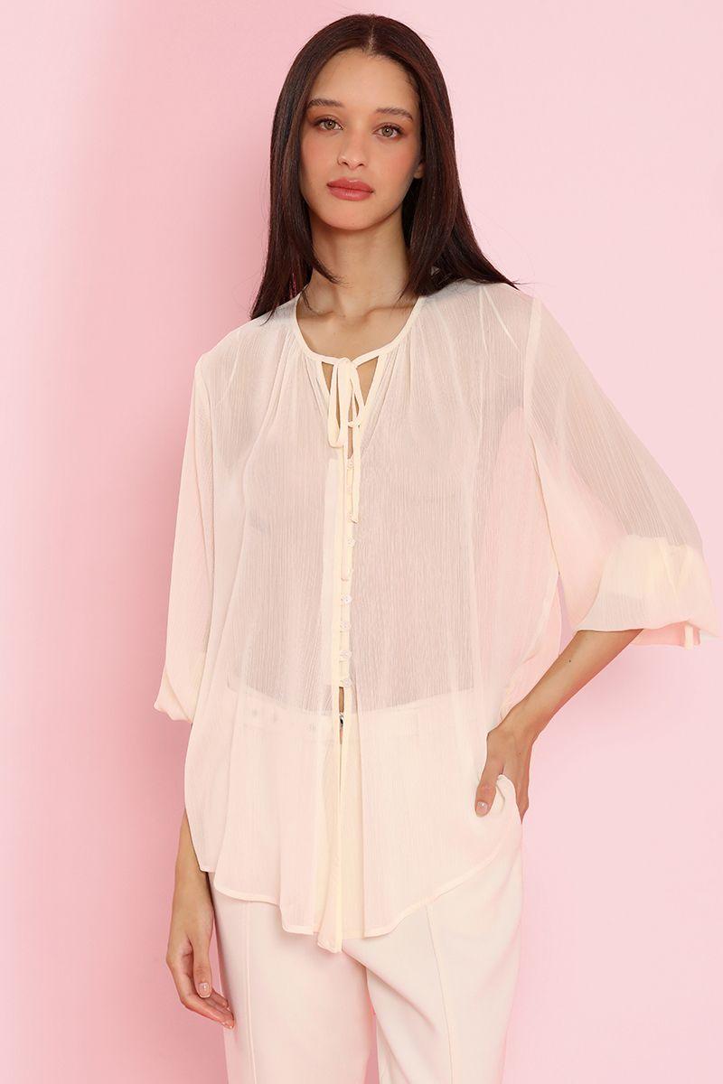 Blusa semitransparente, amarre cuello, beige Liola-0
