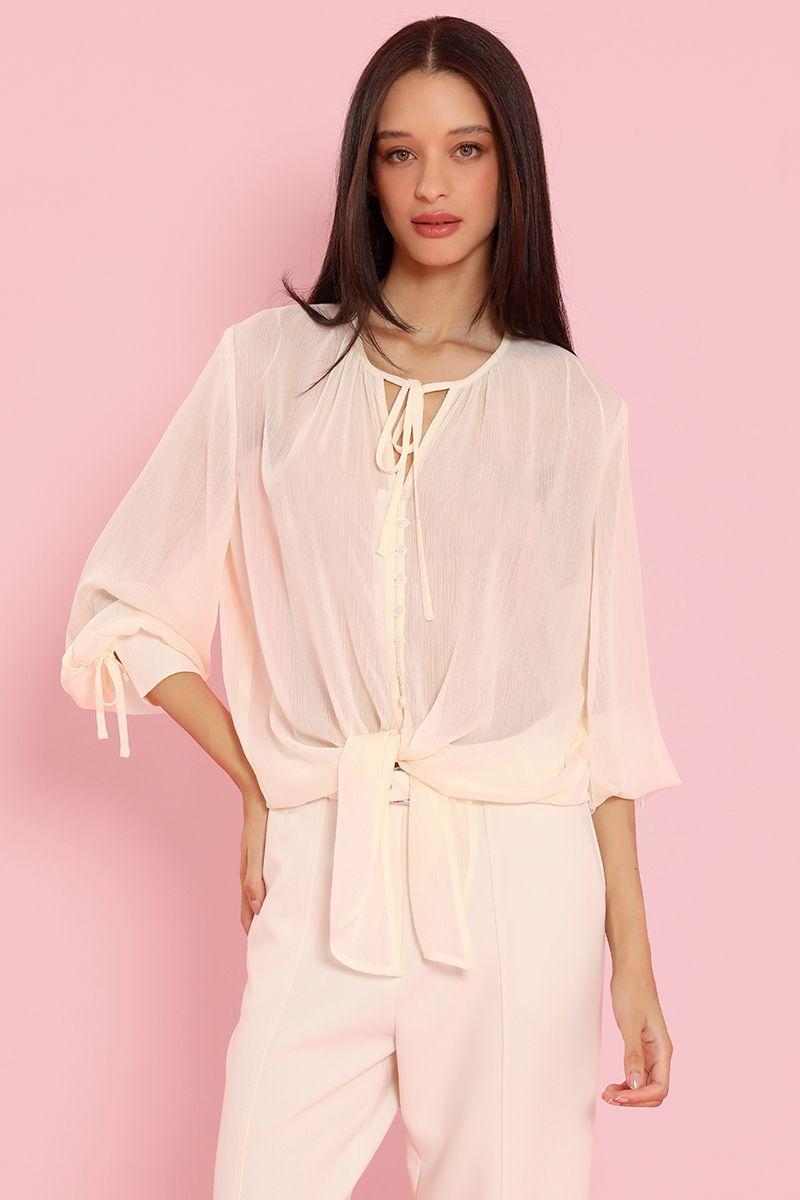 Blusa semitransparente, amarre cuello, beige Liola-2