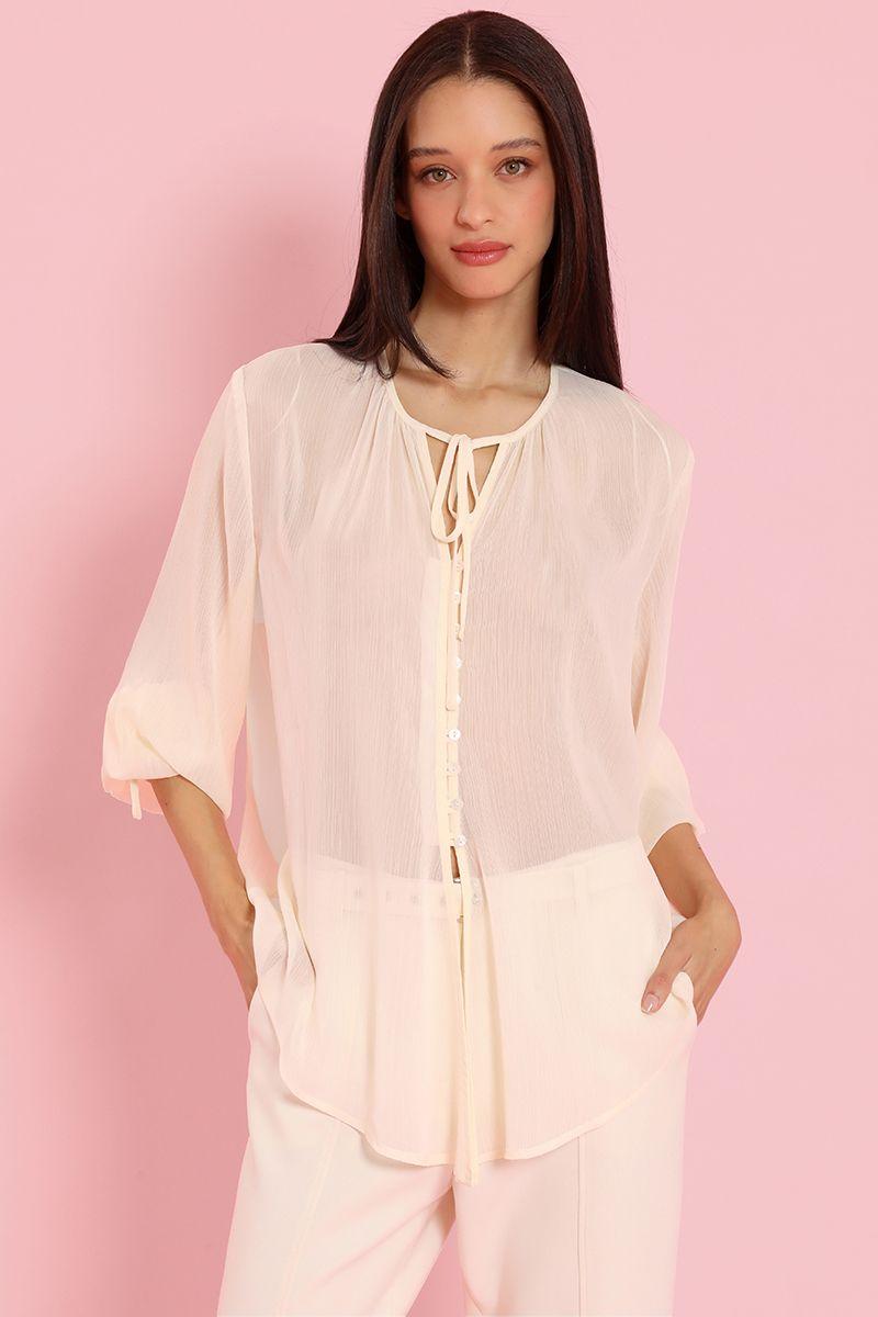 Blusa semitransparente, amarre cuello, beige Liola-3