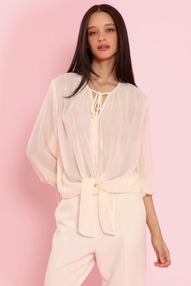 Blusa semitransparente, amarre cuello, beige Liola-4