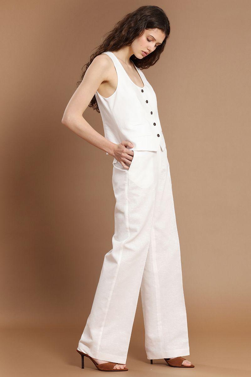 Pantalon recto, lino algodon, crudo Liola-5