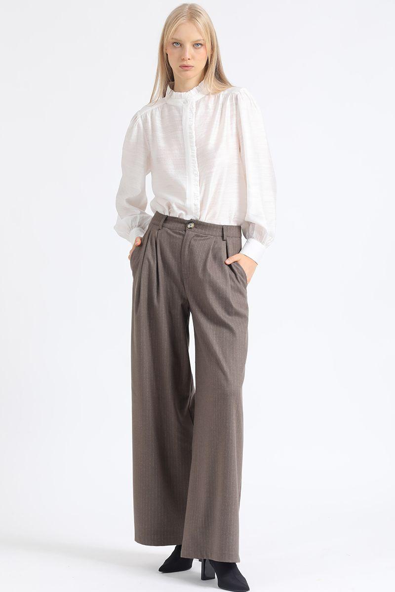 Pantalon Ancho Listado,Tiro Alto Con Pinzas, Beige Liola-0
