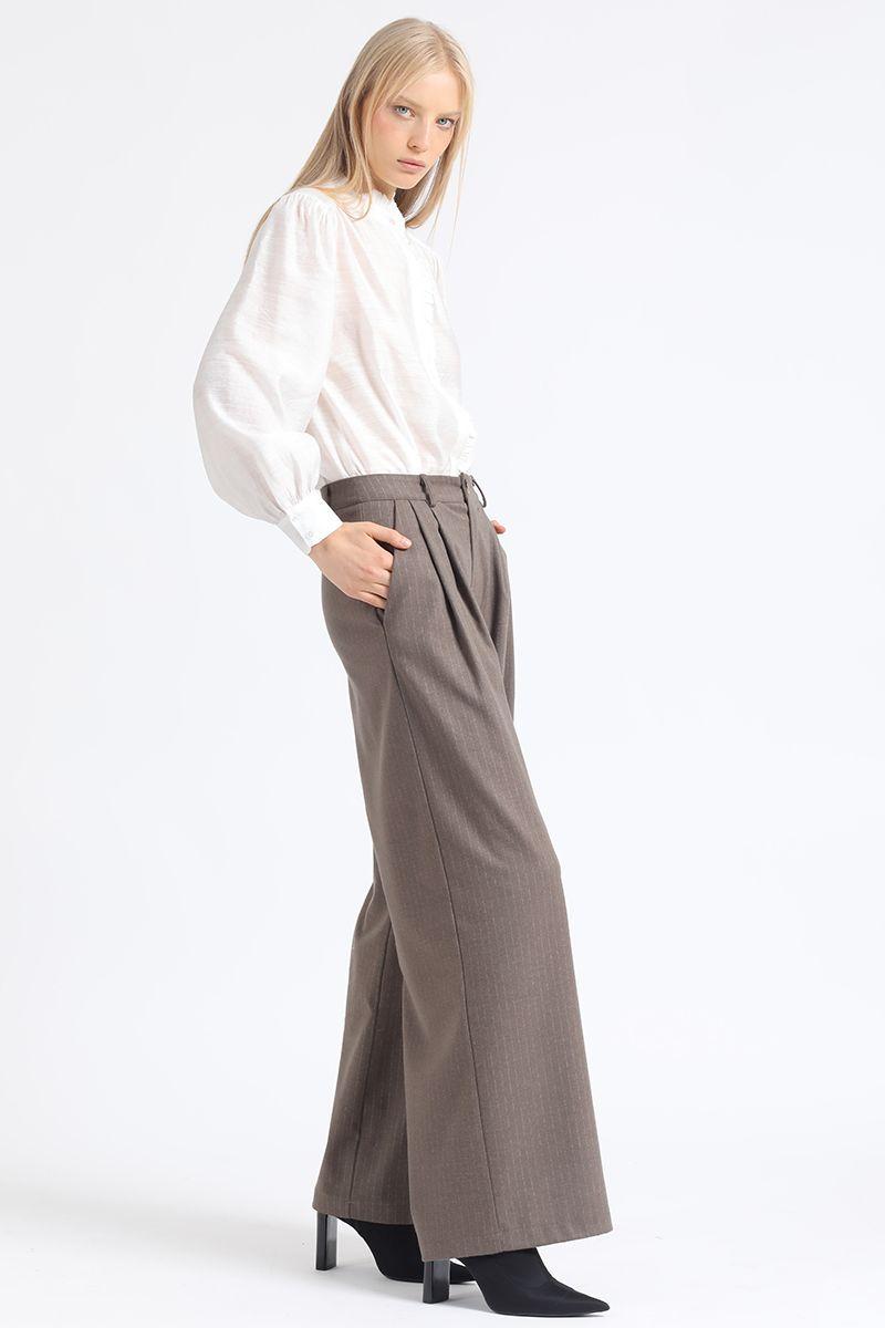 Pantalon Ancho Listado,Tiro Alto Con Pinzas, Beige Liola-1