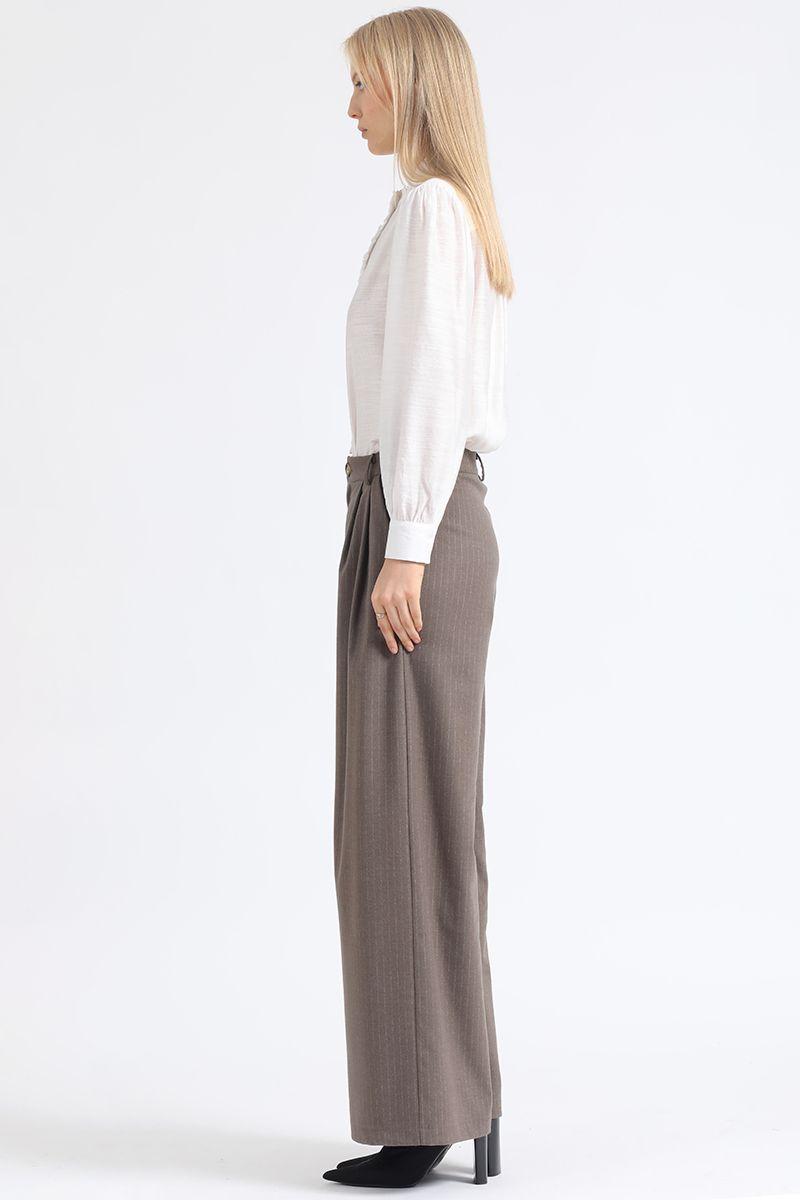 Pantalon Ancho Listado,Tiro Alto Con Pinzas, Beige Liola-2