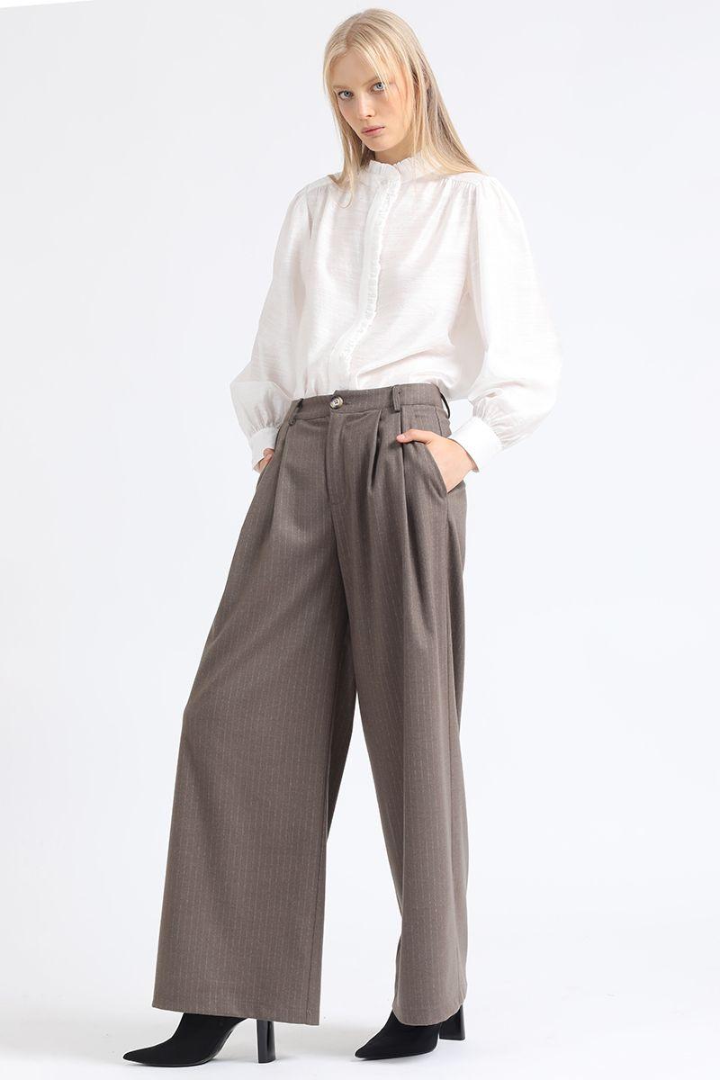 Pantalon Ancho Listado,Tiro Alto Con Pinzas, Beige Liola-3