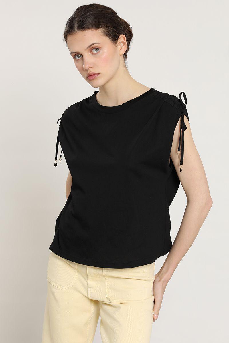 Polera algodon, recogido hombros, negro Liola-0