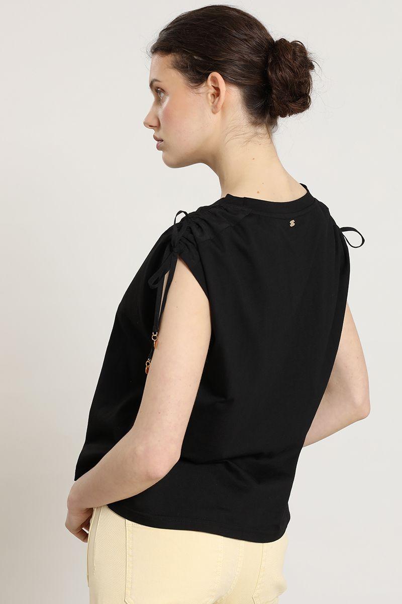 Polera algodon, recogido hombros, negro Liola-6