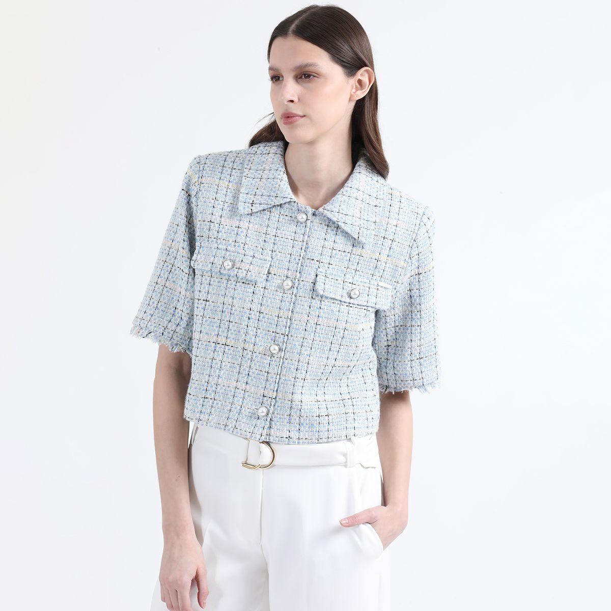 Chaqueta Cropped Tweed Fantasia Con Lurex, Azul Liola-1