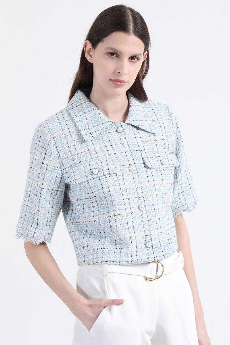 Chaqueta Cropped Tweed Fantasia Con Lurex, Azul Liola-3