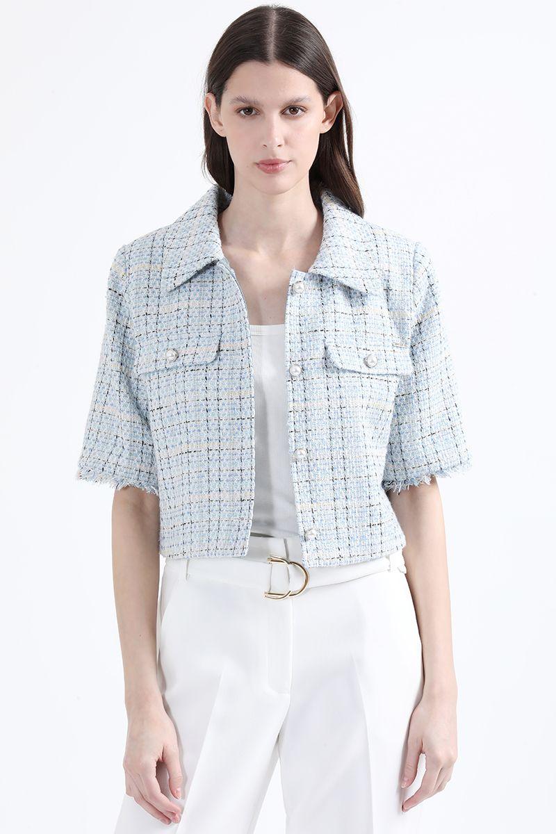 Chaqueta Cropped Tweed Fantasia Con Lurex, Azul Liola-6