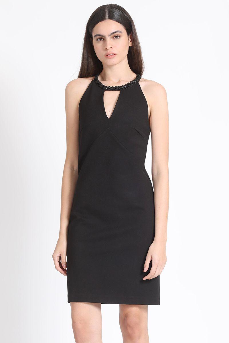Vestido Corto Entallado Halter Pedreria, Negro Liola-2