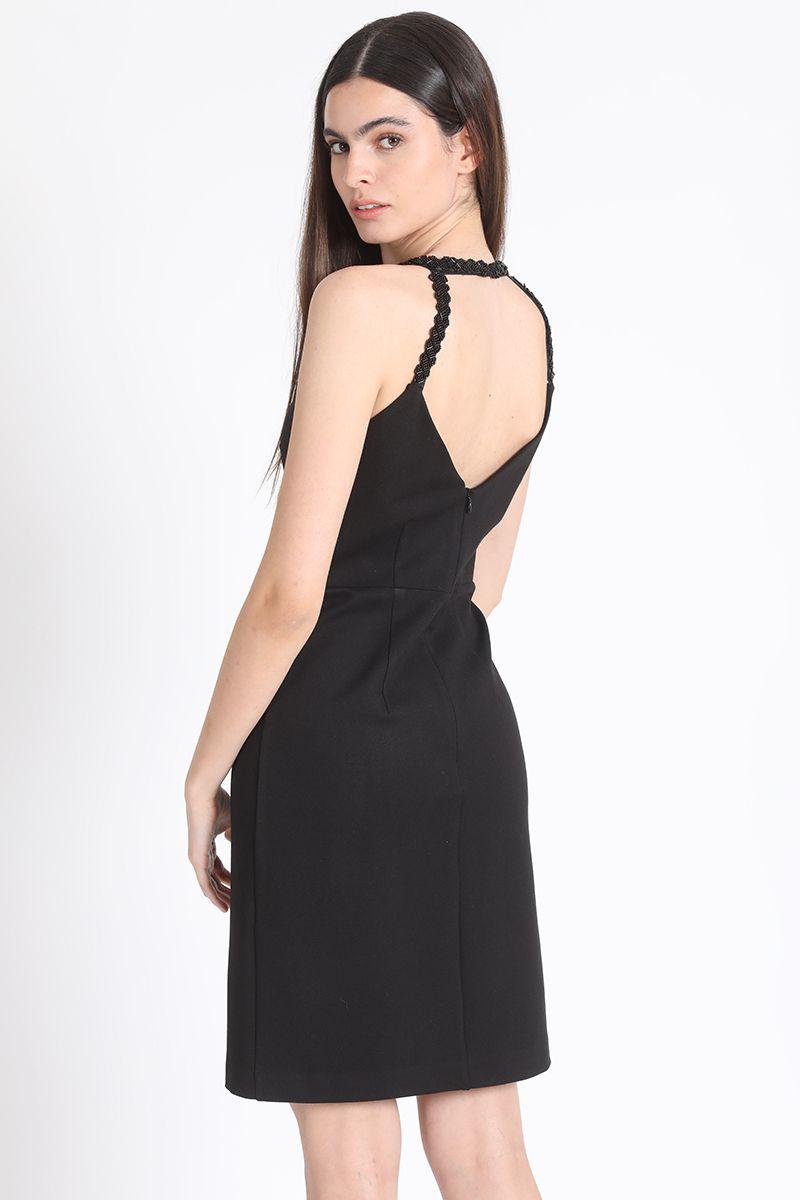 Vestido Corto Entallado Halter Pedreria, Negro Liola-4
