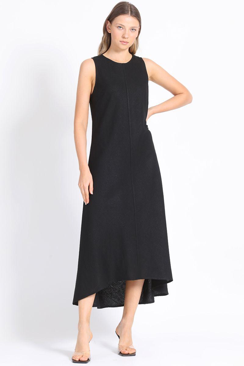Vestido Halter Maxi Sesgado Lino Mix Negro Liola-2