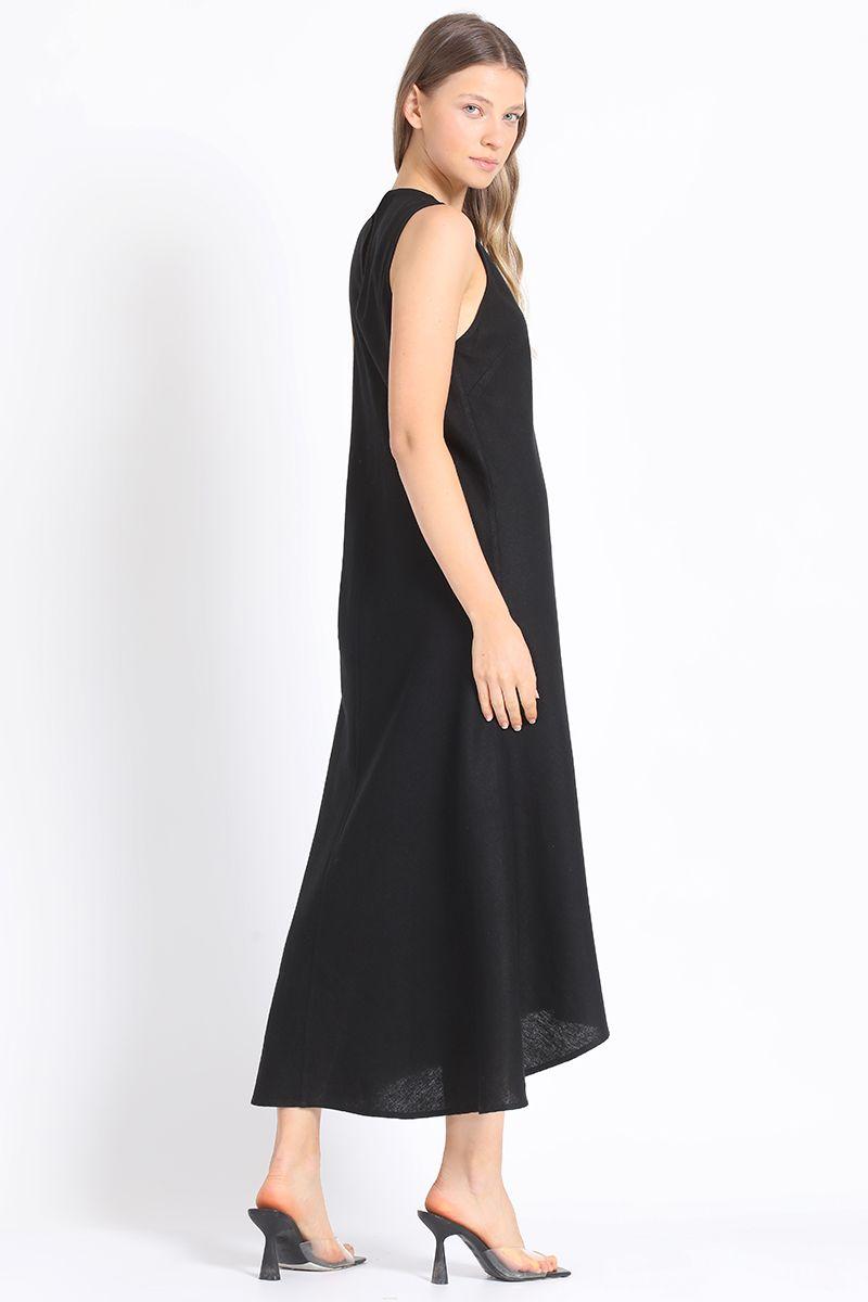 Vestido Halter Maxi Sesgado Lino Mix Negro Liola-3