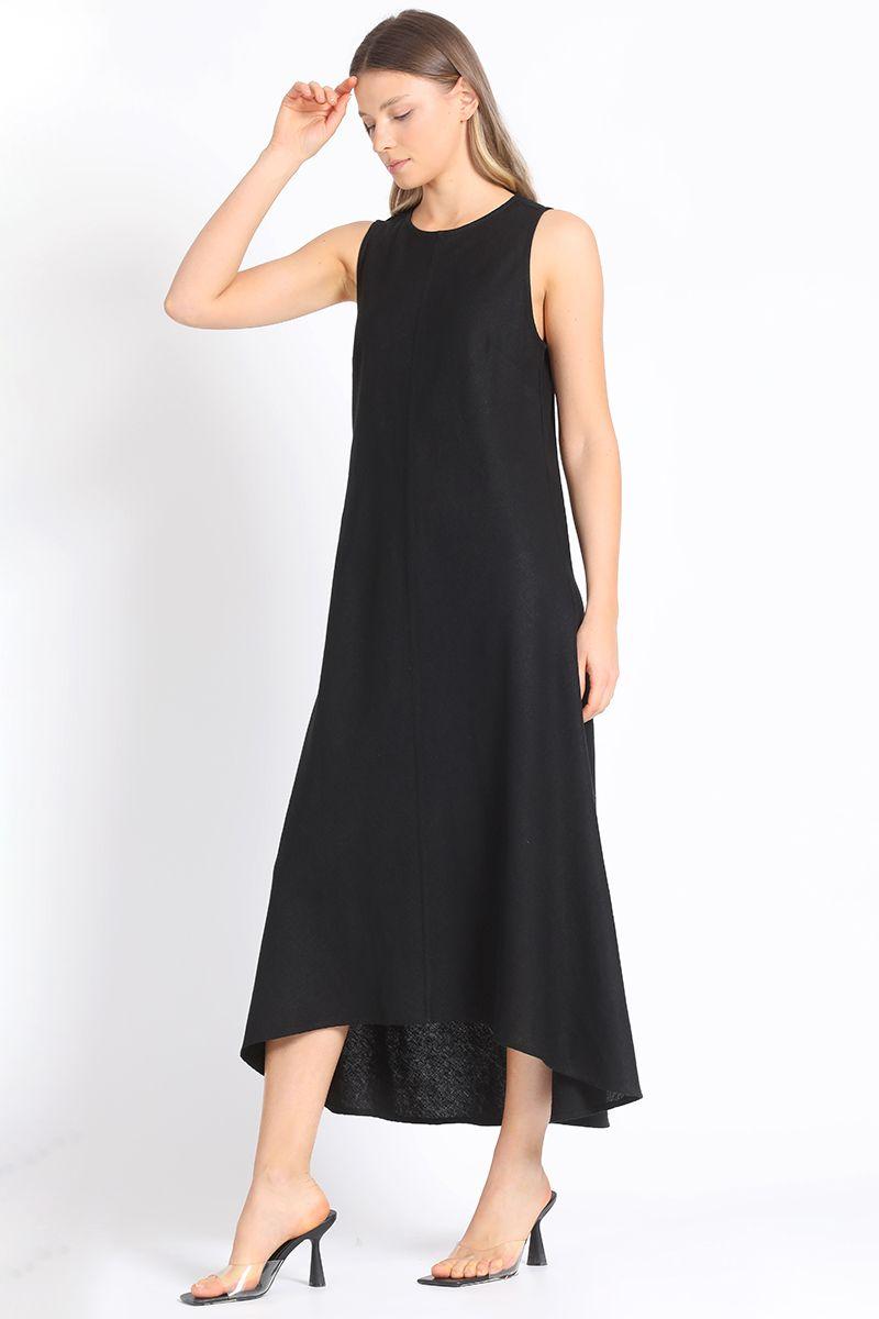 Vestido Halter Maxi Sesgado Lino Mix Negro Liola-4
