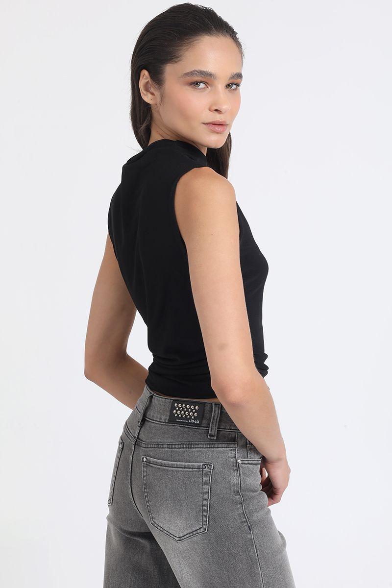 Top Malla Con Recogido En Costados Y Un Hombro, Negro Liola-4
