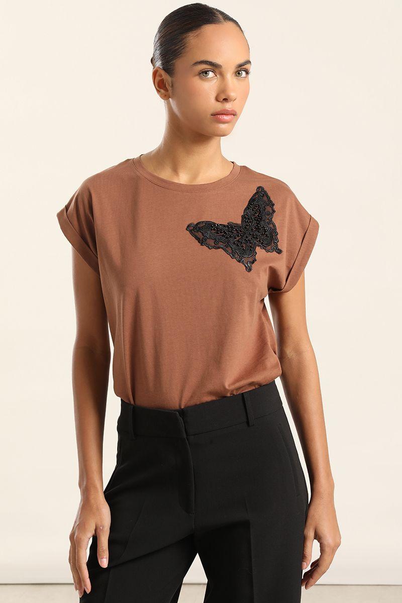 Polera Algodon, Aplicacion Mariposa, Chocolate Liola-0