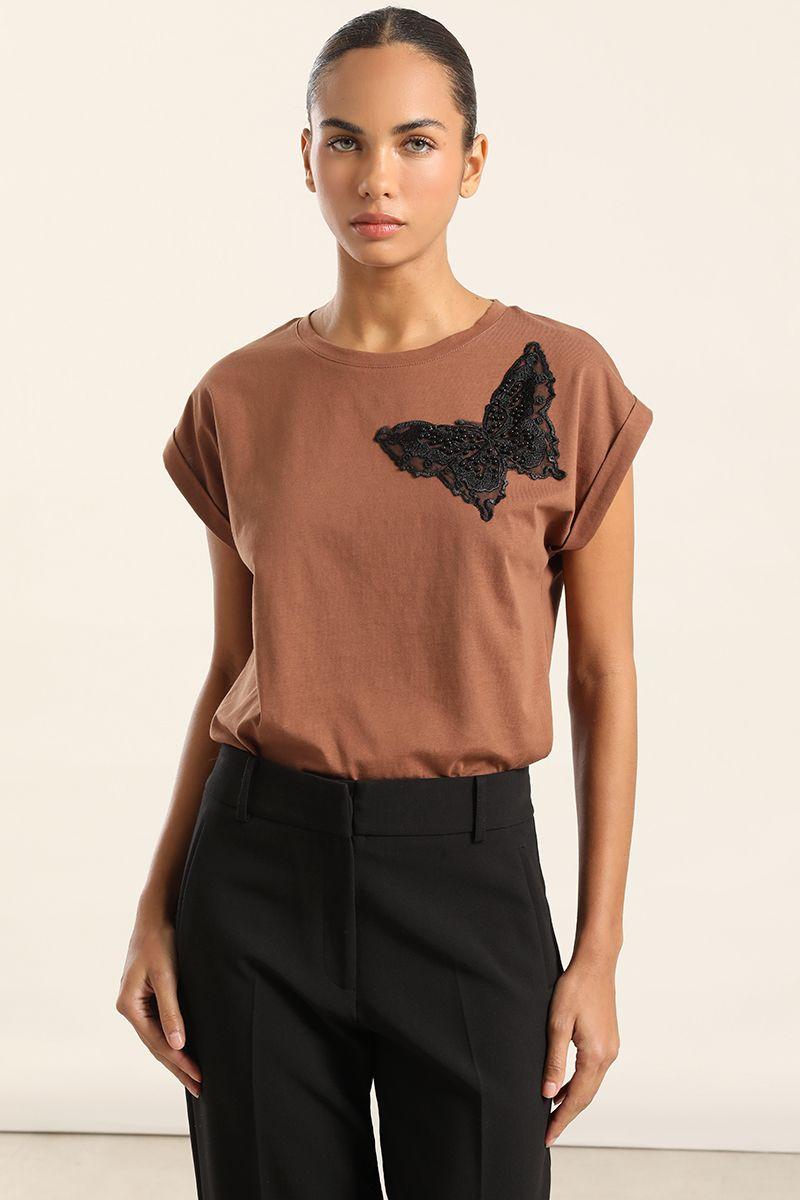 Polera Algodon, Aplicacion Mariposa, Chocolate Liola-2