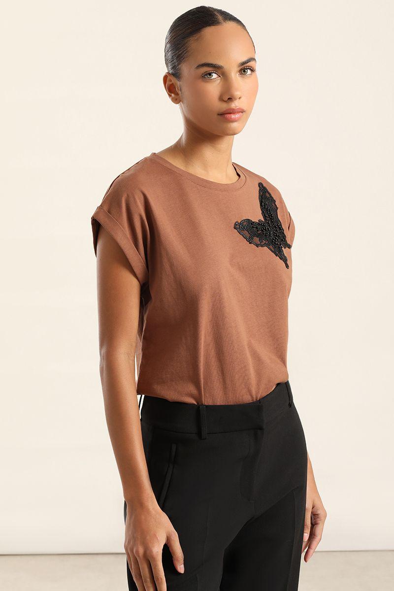 Polera Algodon, Aplicacion Mariposa, Chocolate Liola-3