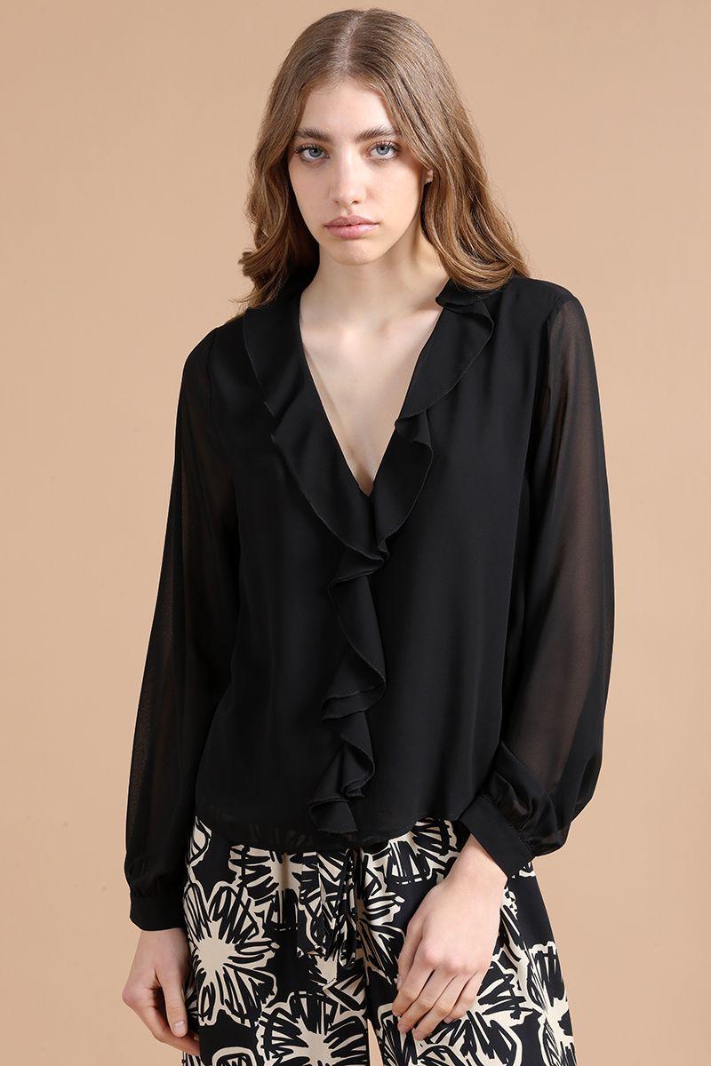 Blusa Gasa Volantes, Negro, Colección Italia Liola-0