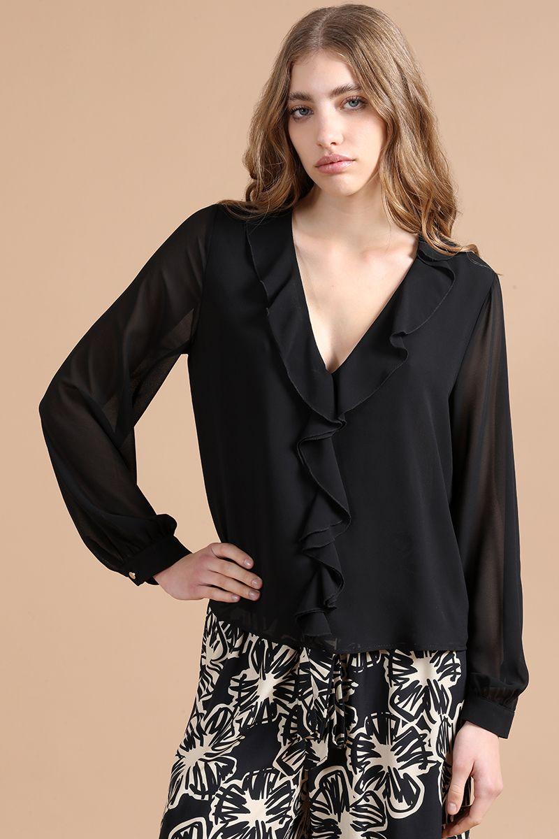 Blusa Gasa Volantes, Negro, Colección Italia Liola-4