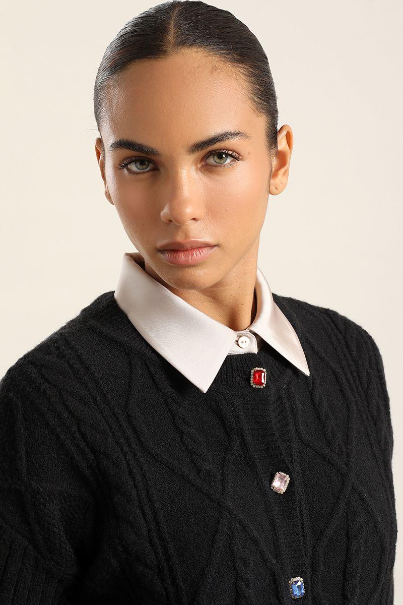 Cardigan Punto Boton Joya, Negro Liola-2