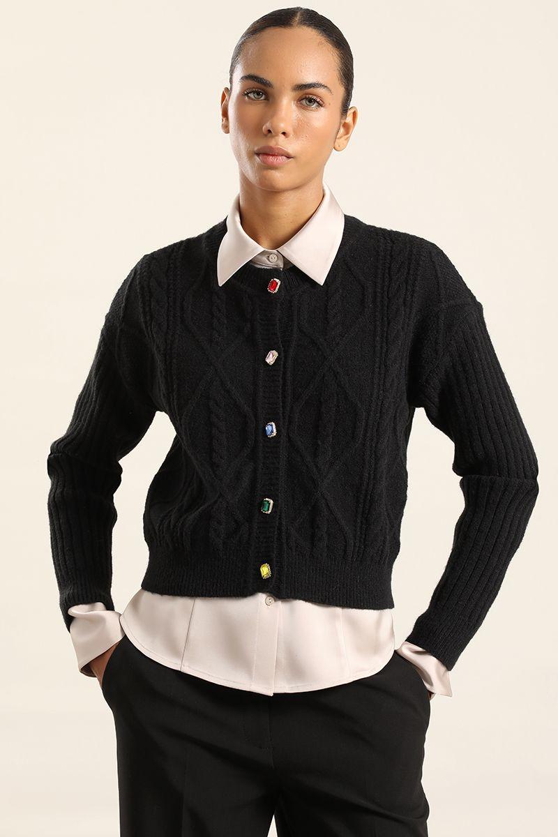 Cardigan Punto Boton Joya, Negro Liola-4
