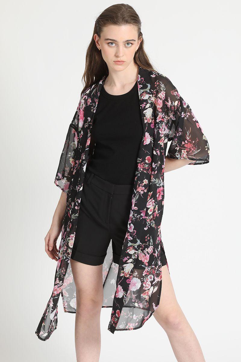 Kimono Estampado Flores Negro Liola-1