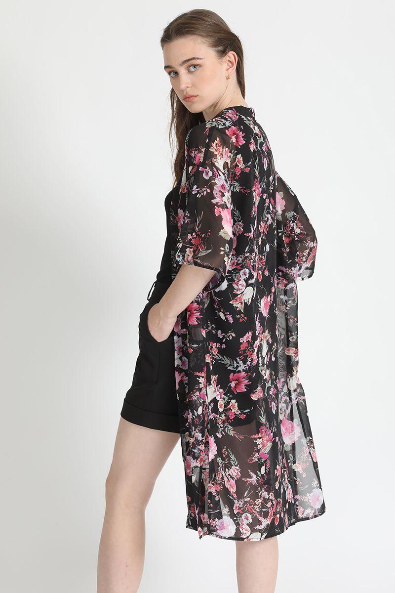 Kimono Estampado Flores Negro Liola-4