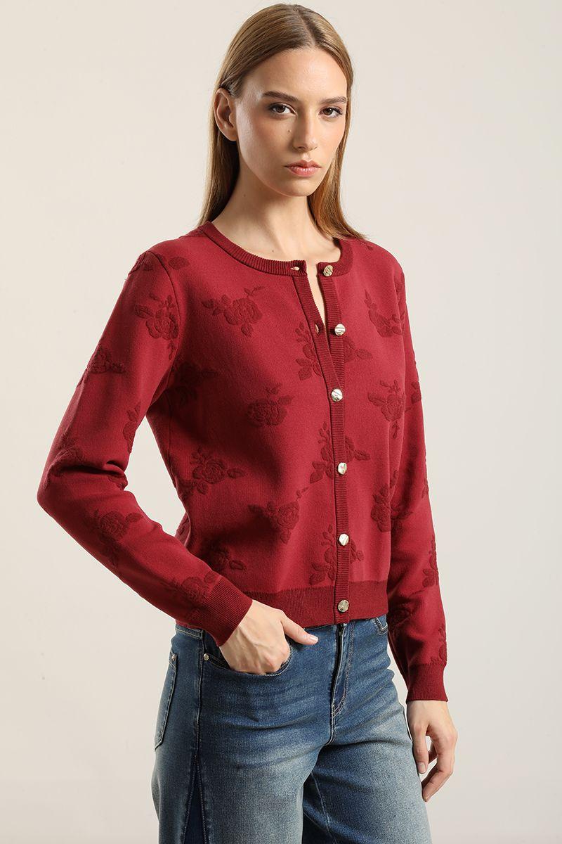 Cardigan punto jacquard flores, burdeo Liola-1