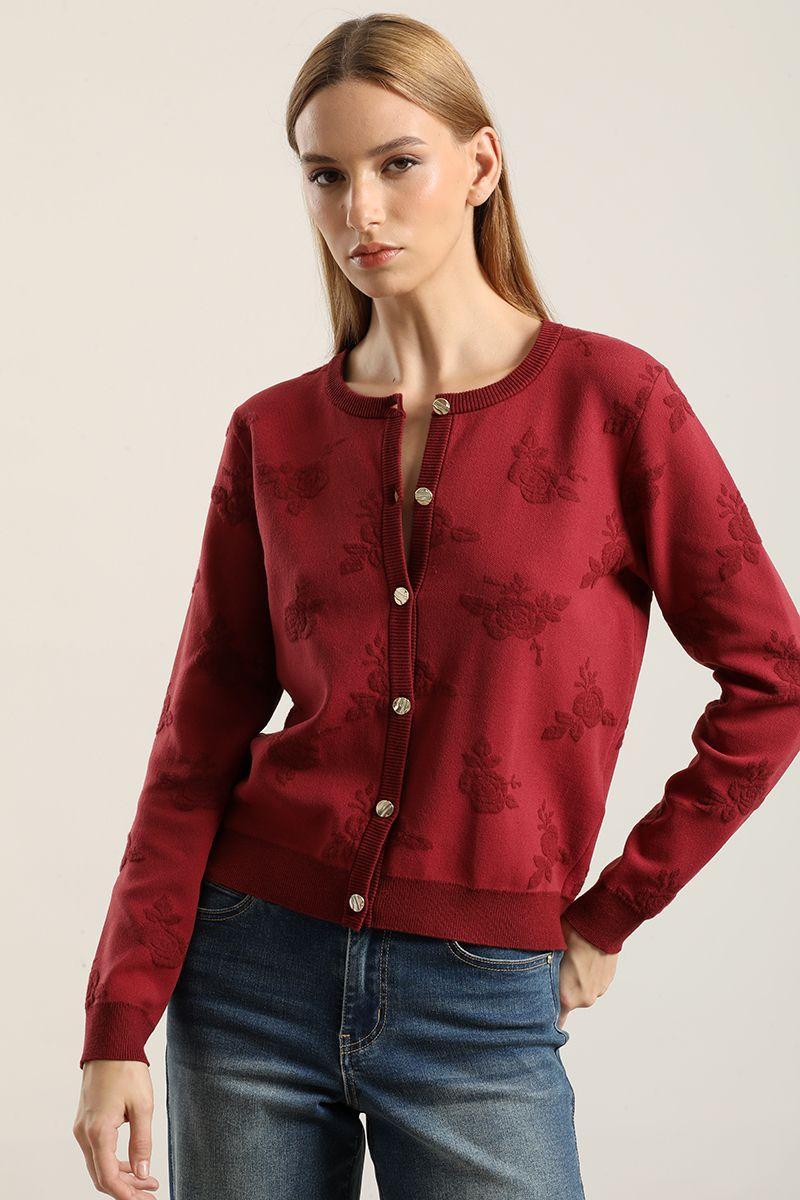 Cardigan punto jacquard flores, burdeo Liola-4