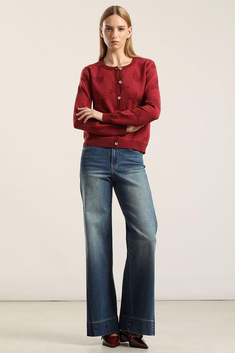Cardigan punto jacquard flores, burdeo Liola-5