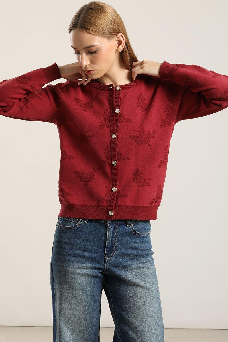 Cardigan punto jacquard flores, burdeo Liola-0
