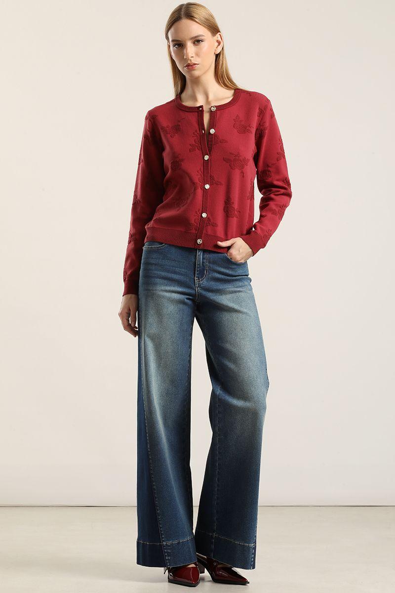Cardigan punto jacquard flores, burdeo Liola-2