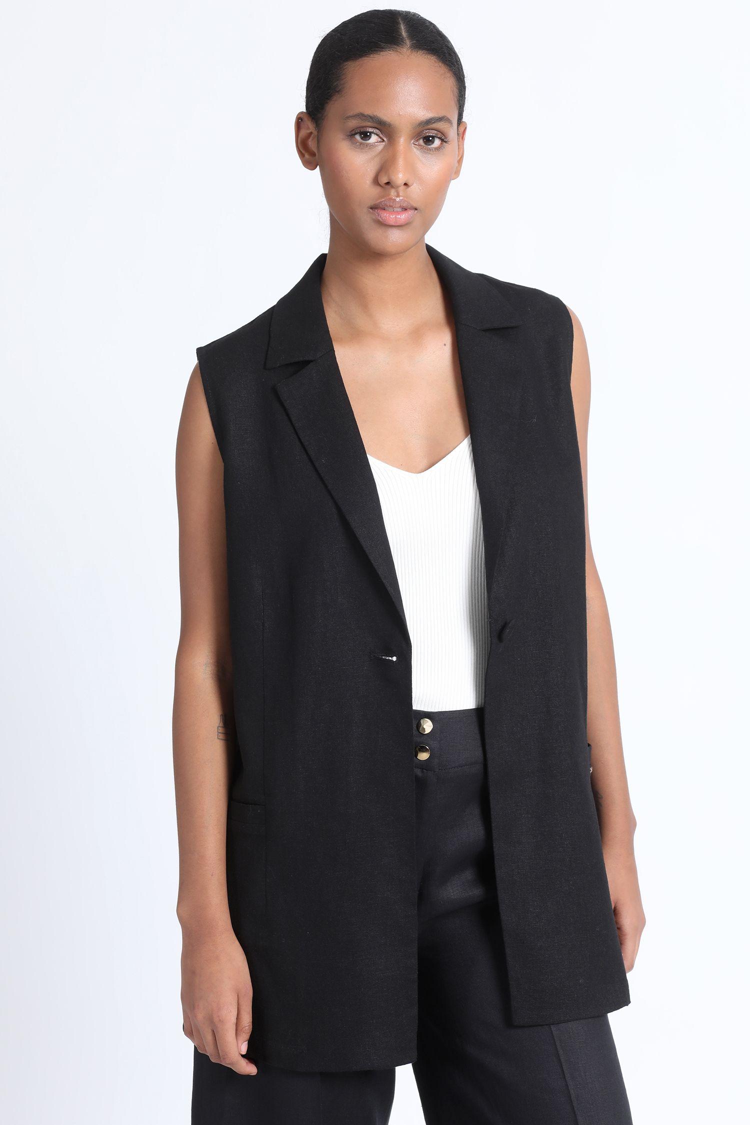 Chaleco Sastre Largo Lino Mix Negro Liola-5