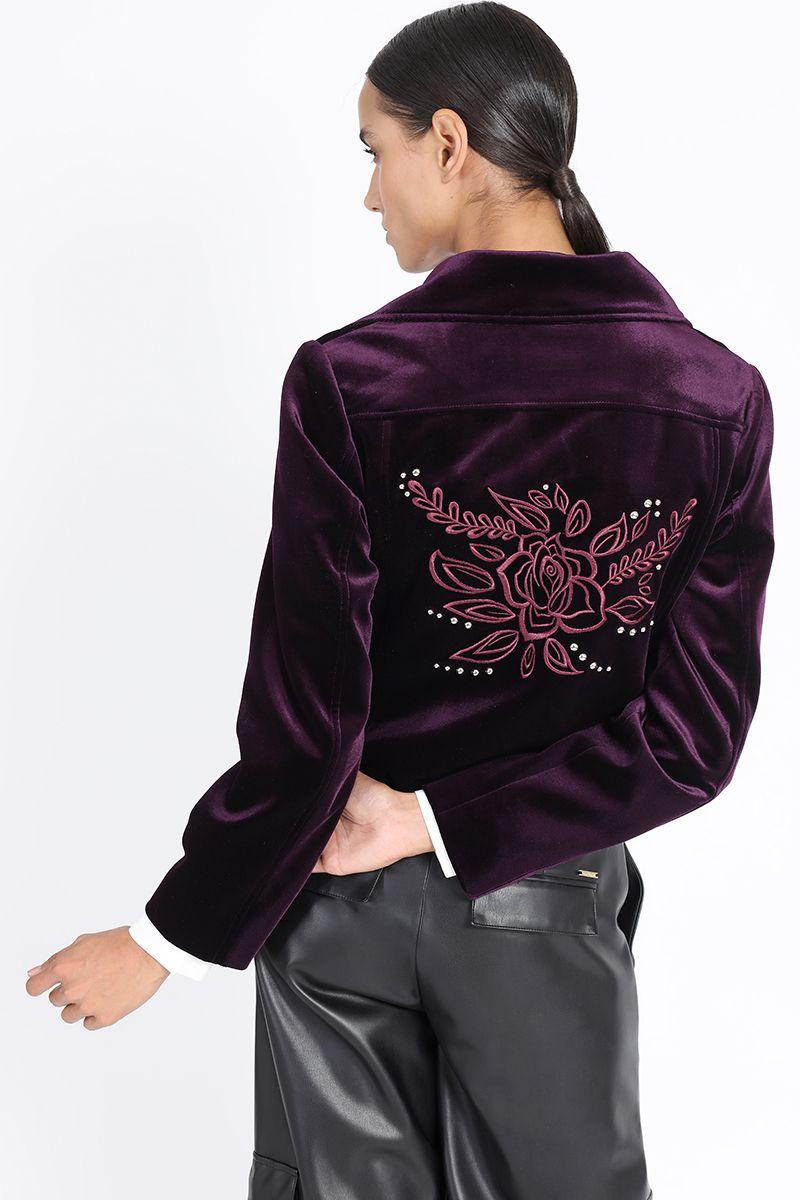 Chaqueta Biker Terciopelo Con Bordado, Arandano Liola-4