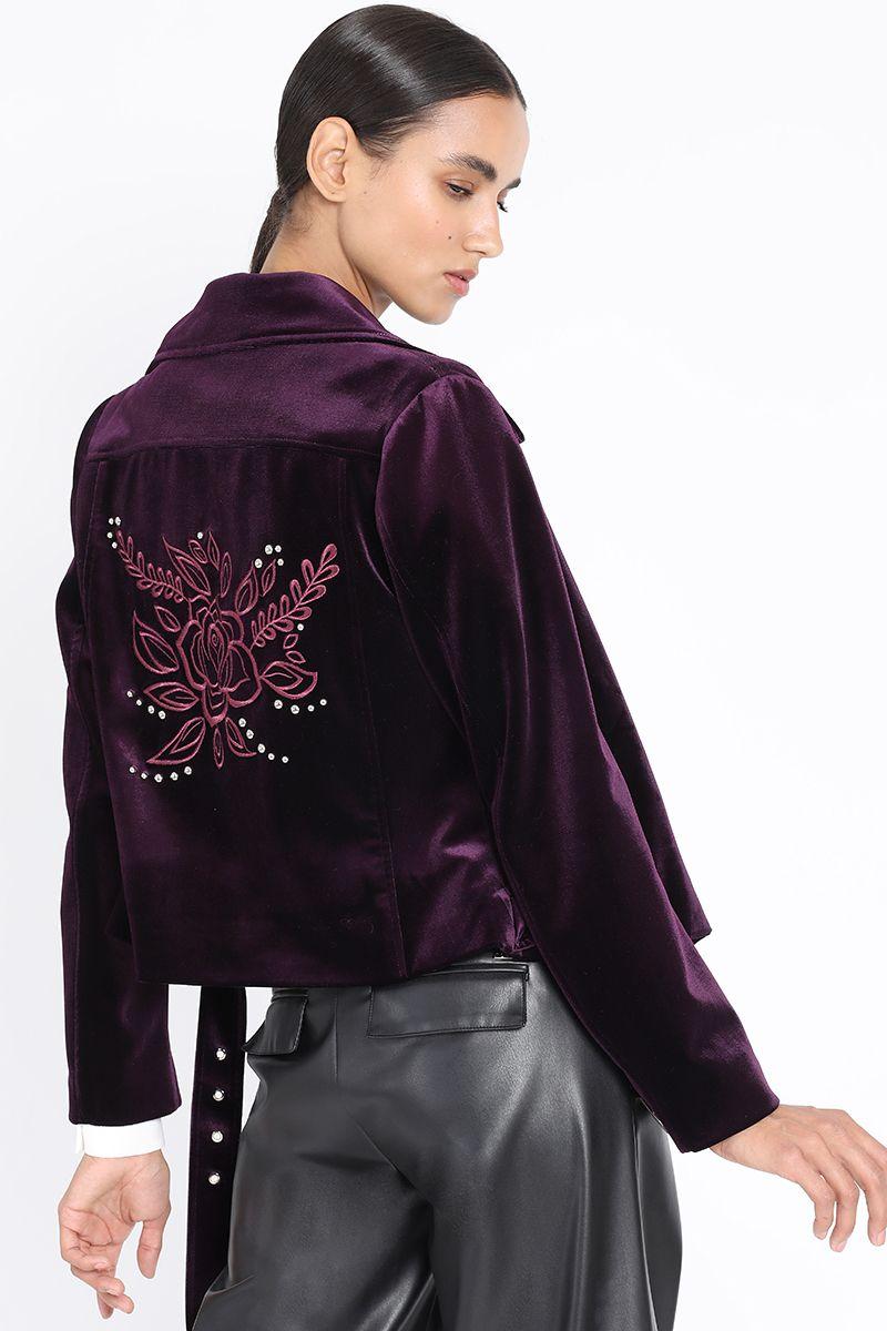 Chaqueta Biker Terciopelo Con Bordado, Arandano Liola-5