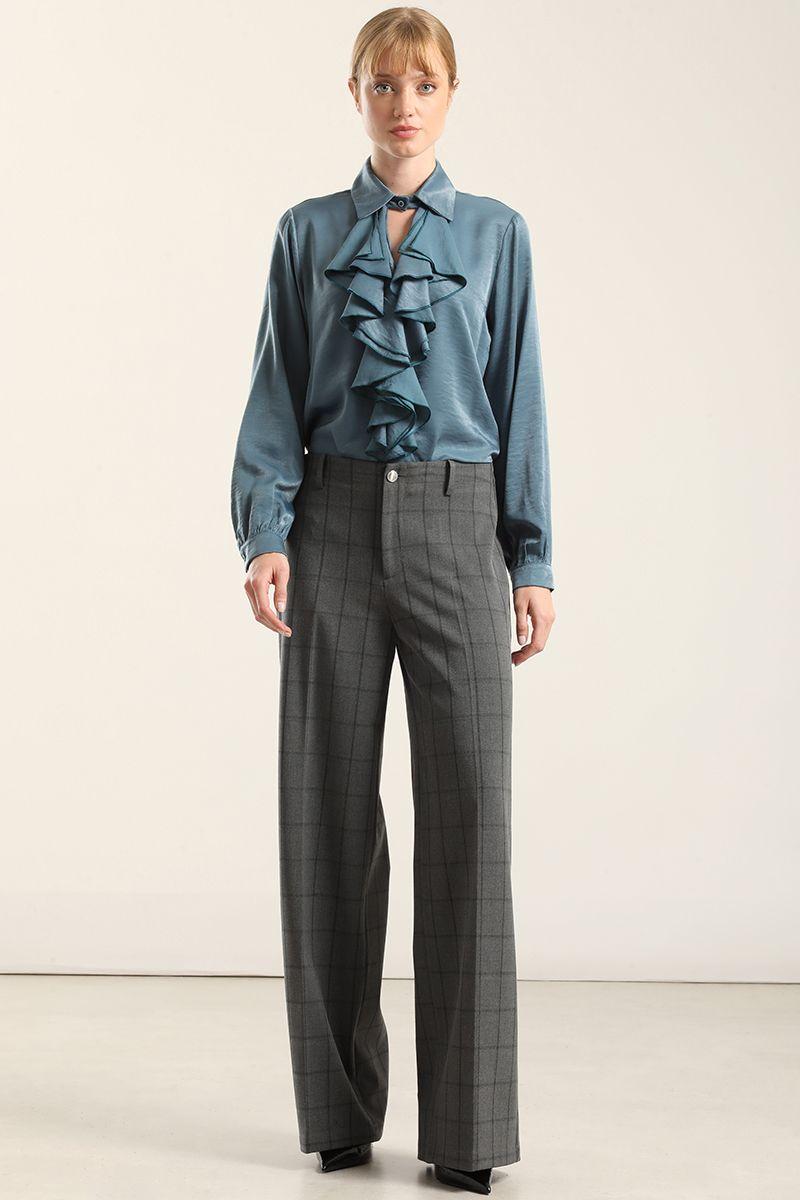 Pantalon Ancho Cuadros Fantasia, Gris Liola-3