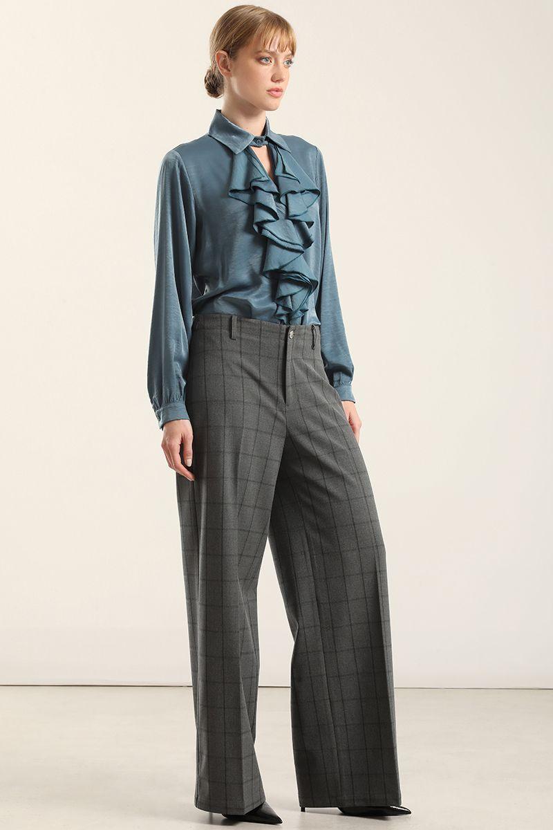 Pantalon Ancho Cuadros Fantasia, Gris Liola-5