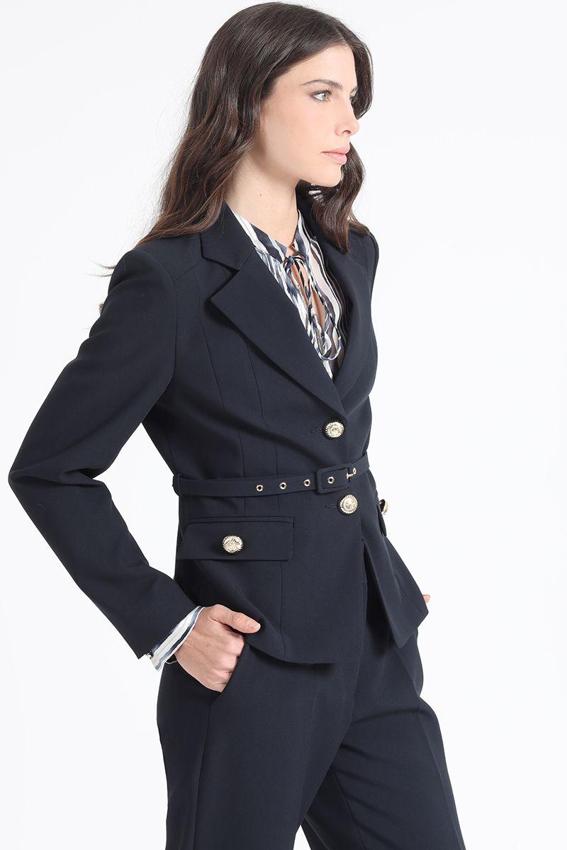 Blazer Entallado Con Cinturon, Azul Marino Liola-3