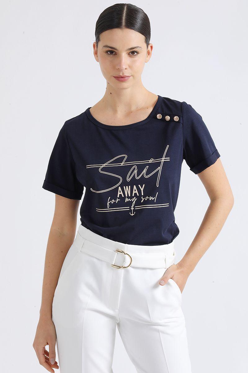 Polera Texto, Y Boton Marinero Azul Marino Liola-0