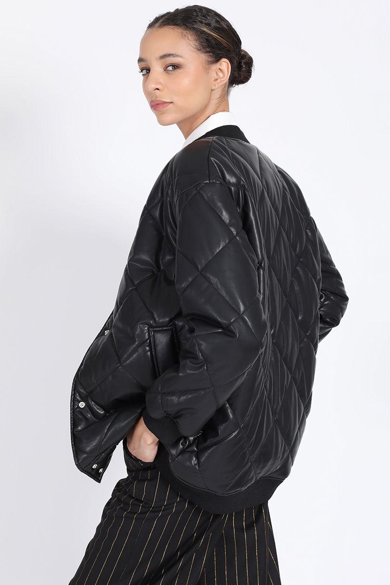 Chaqueta Bomber Acolchado Efecto Cuero, Negro Liola-2