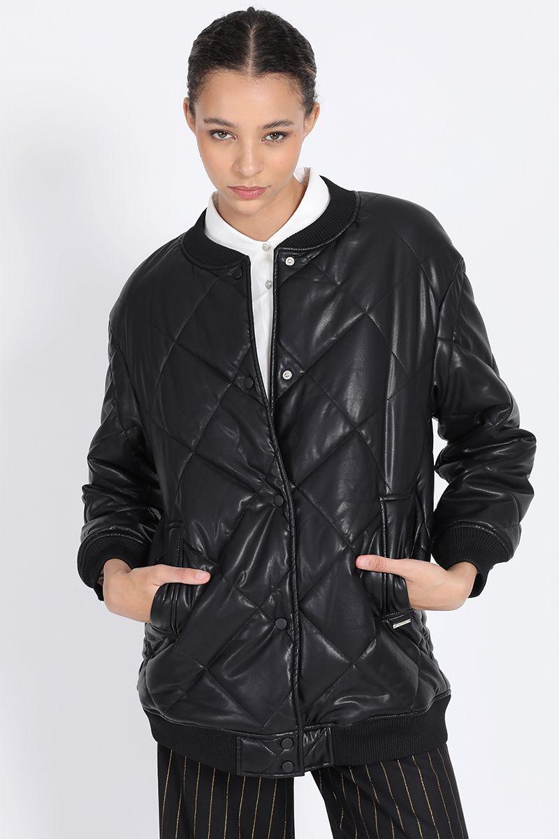 Chaqueta Bomber Acolchado Efecto Cuero, Negro Liola-4