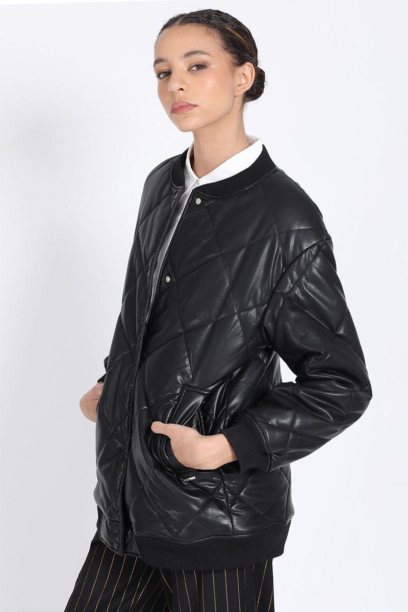 Chaqueta Bomber Acolchado Efecto Cuero, Negro Liola-5