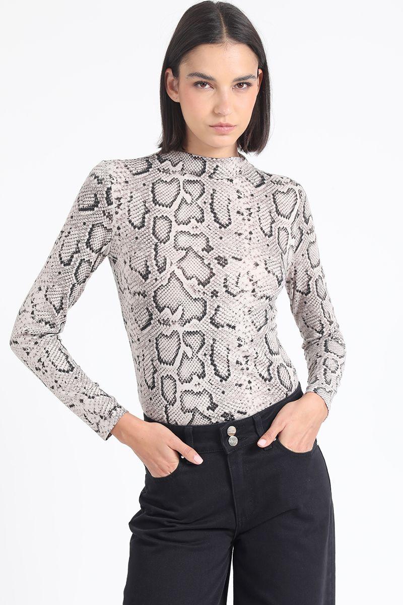 Polera Tipo Beatle, Estampado Animal, Gris Liola-3