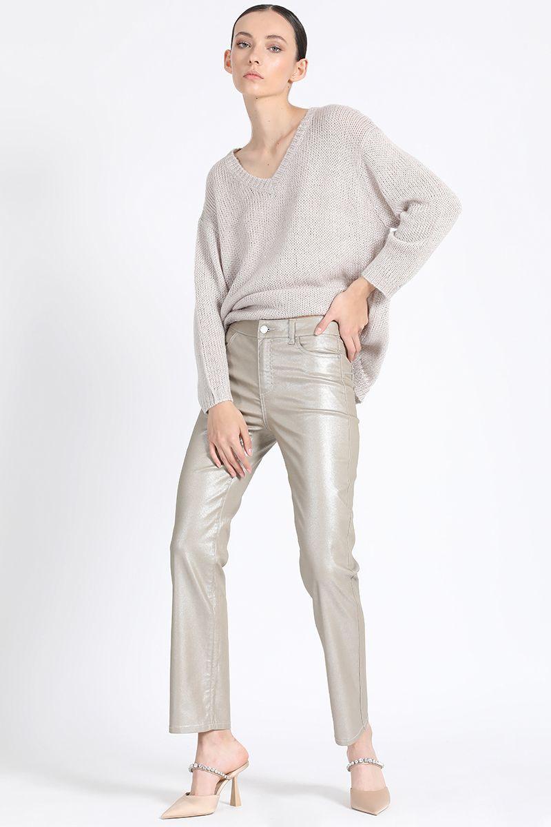 Pantalon Pitillo Gabardina Metalizada, Beige Liola-0