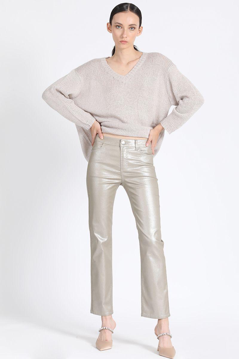 Pantalon Pitillo Gabardina Metalizada, Beige Liola-1