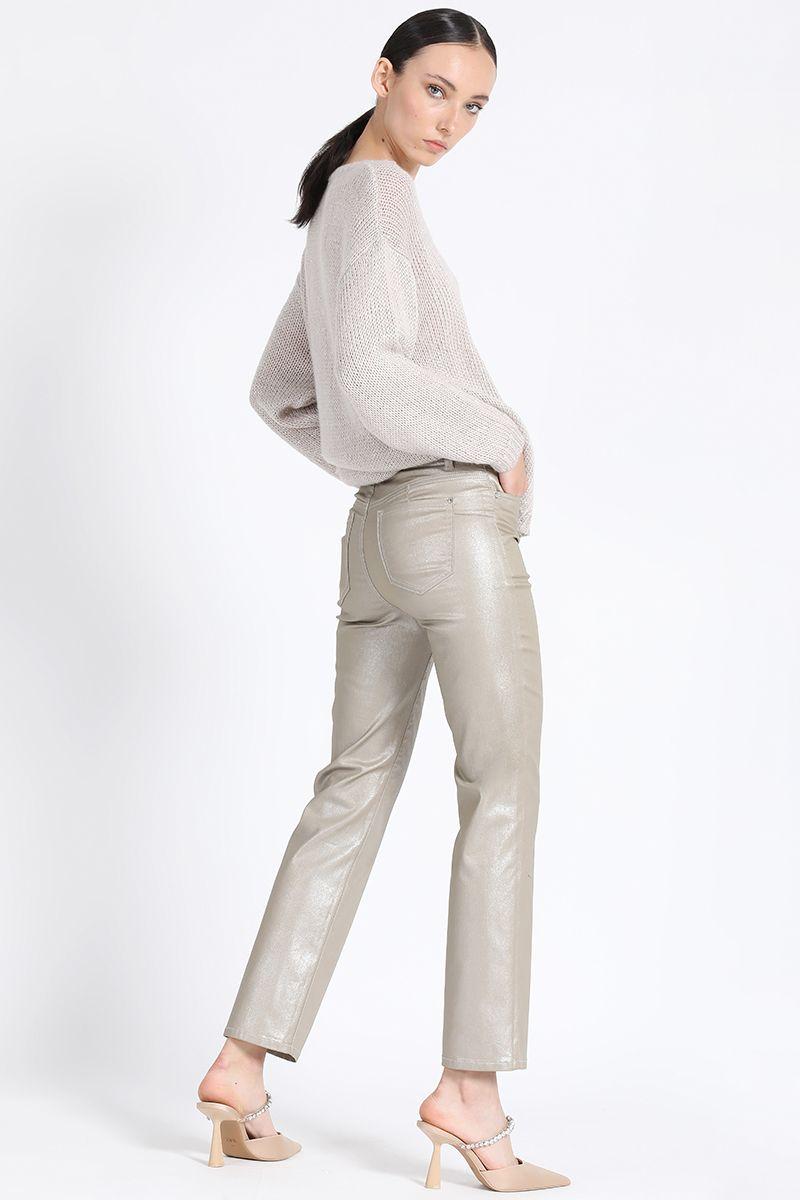 Pantalon Pitillo Gabardina Metalizada, Beige Liola-2